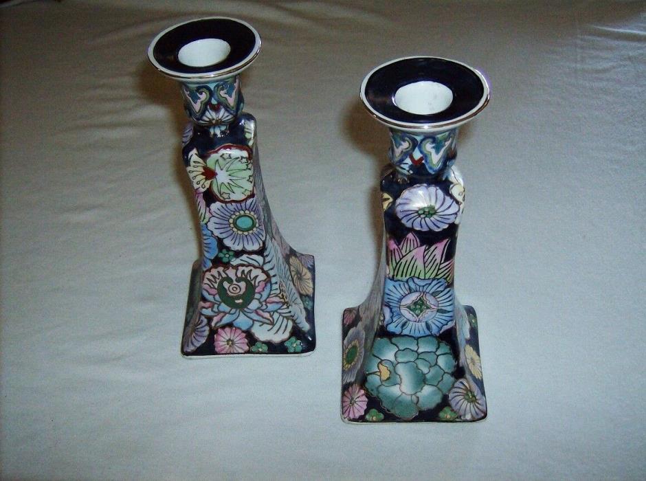 Candlesticks Chinese porcelain 8.5 inch candle holders vintage hand decorated pr