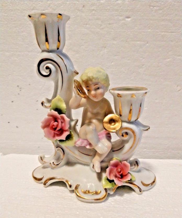 Vintage Porcelain Cherub Candlestick holder w/floral & gold Japan