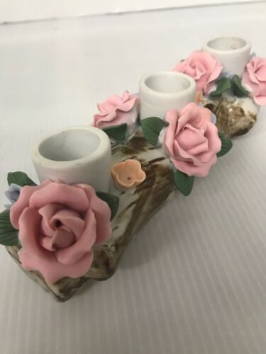 Porcelain Roses Floral Taper Candle Holder 8” Long