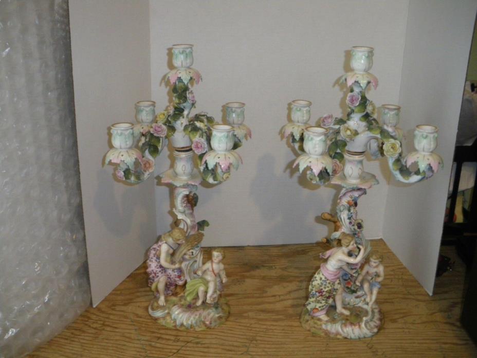 Pair Meissen Antique Porcelain Figural 5 arm - 2 part Candleholders Candlesticks