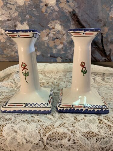 Tiffany & Company Hand Painted Porcelain Candlesticks w/ Blue, Green & Rust