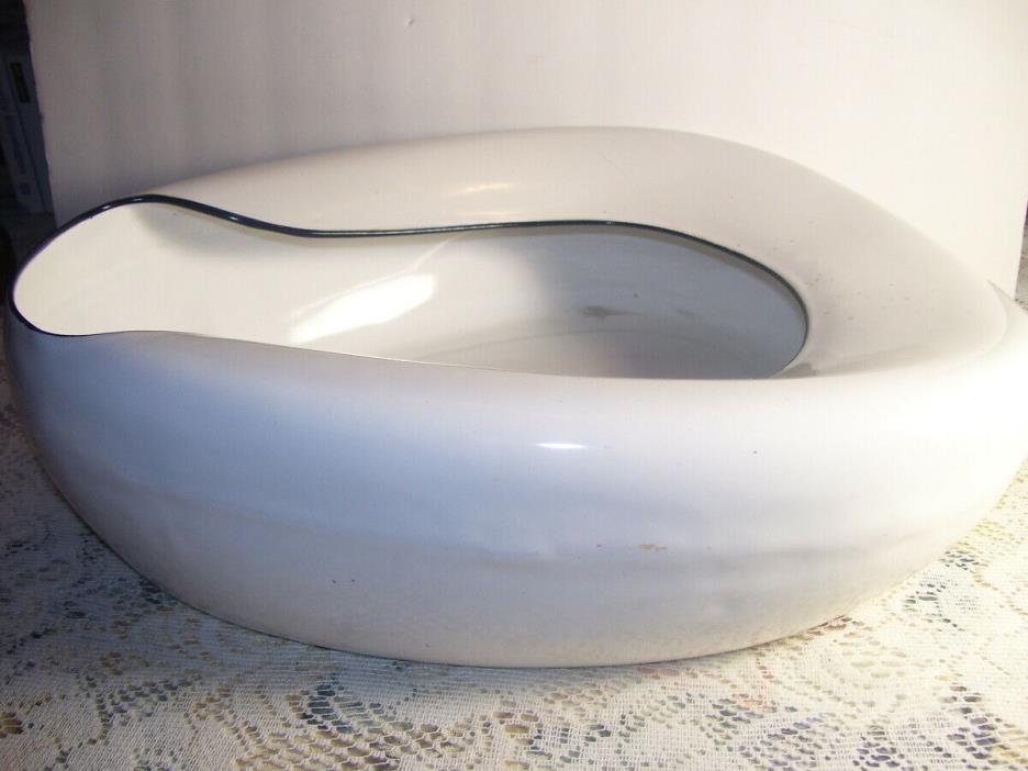 Vintage White Porcelain Enamel Enamelware Metal Bed Pan Black Trim