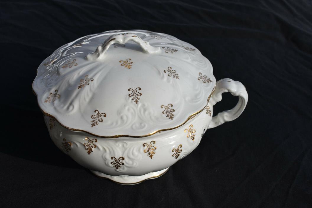 Vintage Edwin Knowles Gold Design Chamber Pot Commode W/ Cover 1940's Porcelain