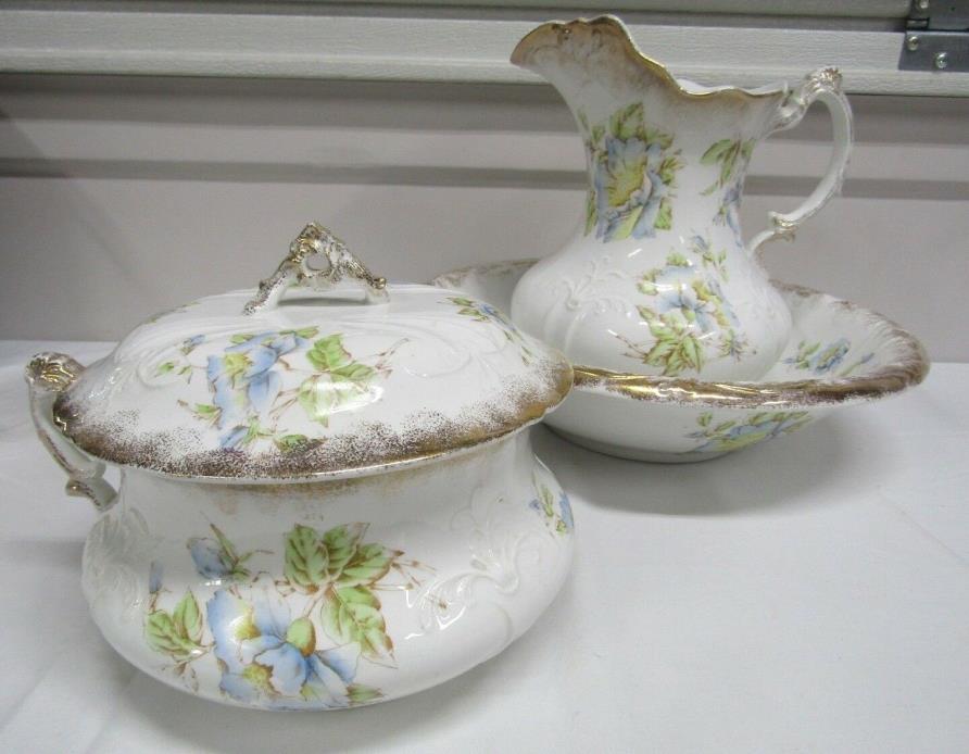 Antique Warwick China Blue Floral Wash Basin, Pitcher & Chamber Pot