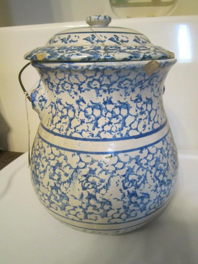 1800's Antique Large Chamber Pot Blue Spongewear Slop Bucket with Lid