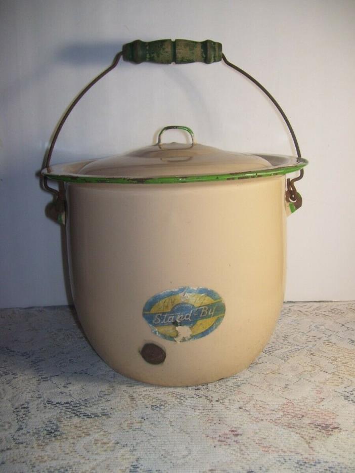 Vintage Cream & Green Enamel Chamber Pot Slop Bucket w Lid Wire Bail Wood Handle