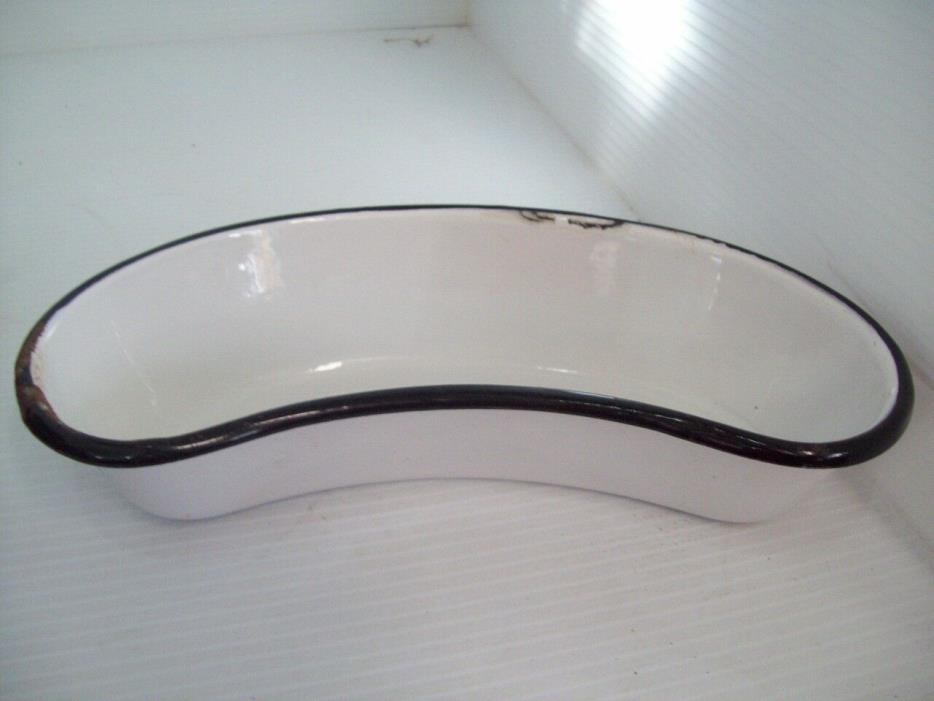 Vintage Kidney Shaped White Black Trim Hospital Enamelware Spit Tray/Pan