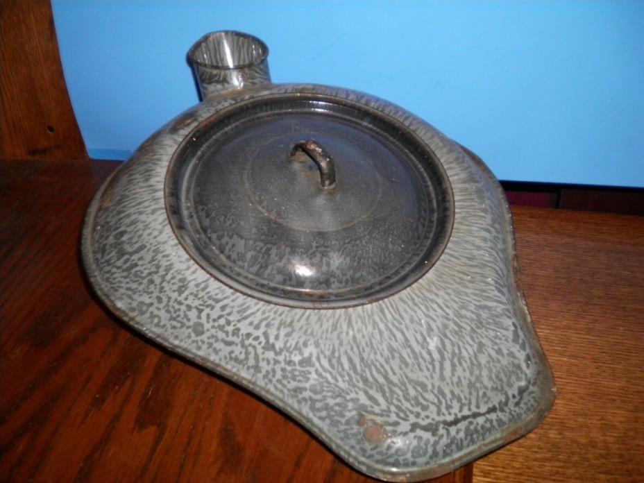 ANTIQUE HOSPITAL ENAMELWARE BED PAN LID GRAY SPECKLED CHAMBER POT URINAL