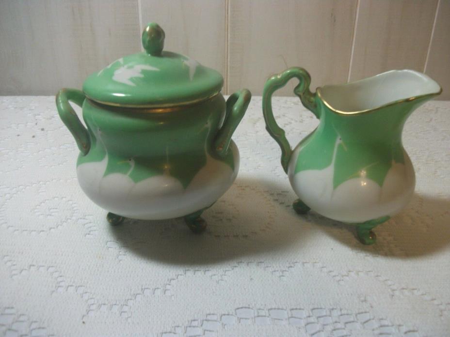 Antique - Vintage Sugar & Creamer Green & White Bird Design