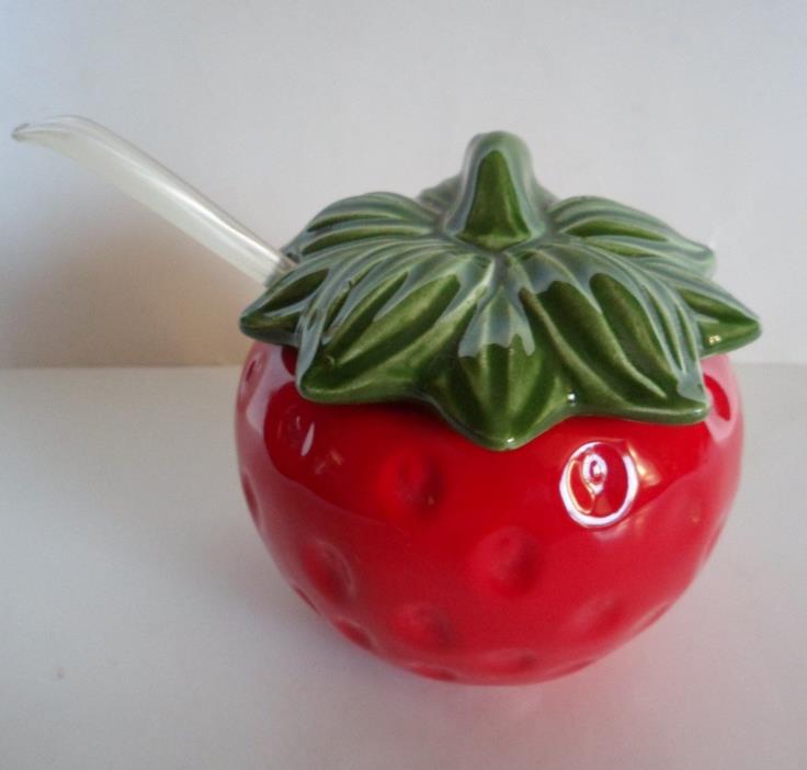 Vintage Porcelain Red Strawberry Sugar Or Jam Bowl With Lid Original Spoon