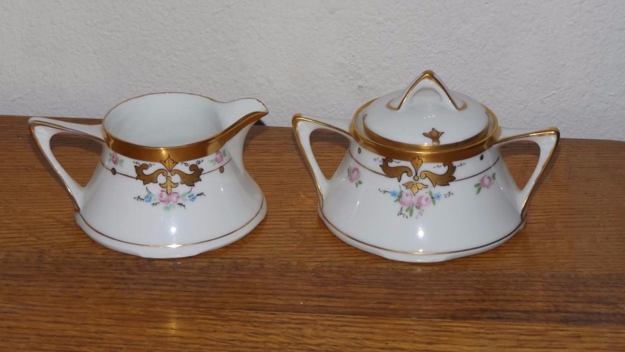 Vintage W A Pickard china Hand Painted Gold trimmed Sugar and Creamer with Lid.