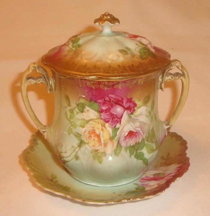 MZ Austria Altrohlau Handpainted Roses Large Sugar Bowl w/Lid and Underplate