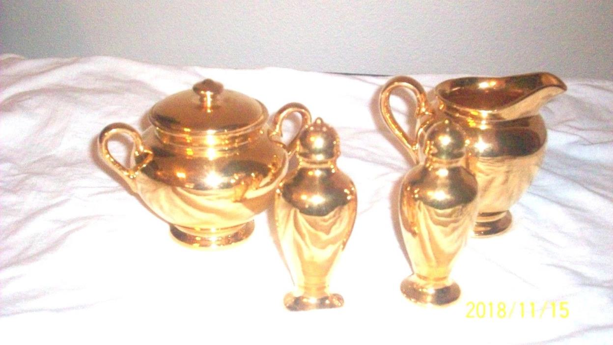 22K gold sugar creamer with lid and salt pepper shaker hand painted couple chips