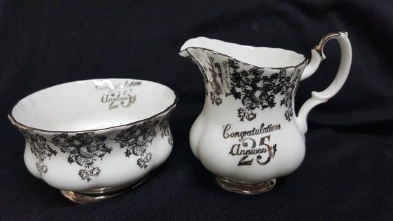 Royal Albert Silver Anniversary Cream & Sugar Set Bone China England Silver