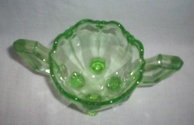 BEAUTIFUL VINTAGE CLEAR GREEN GLASS FOOTED & LOVELY HANDLES SUGAR DISH