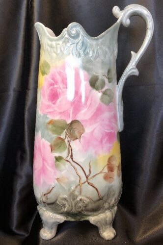 Antique Style Footed Porcelain Pitcher Vase Pink Roses Hand Painted 15 In