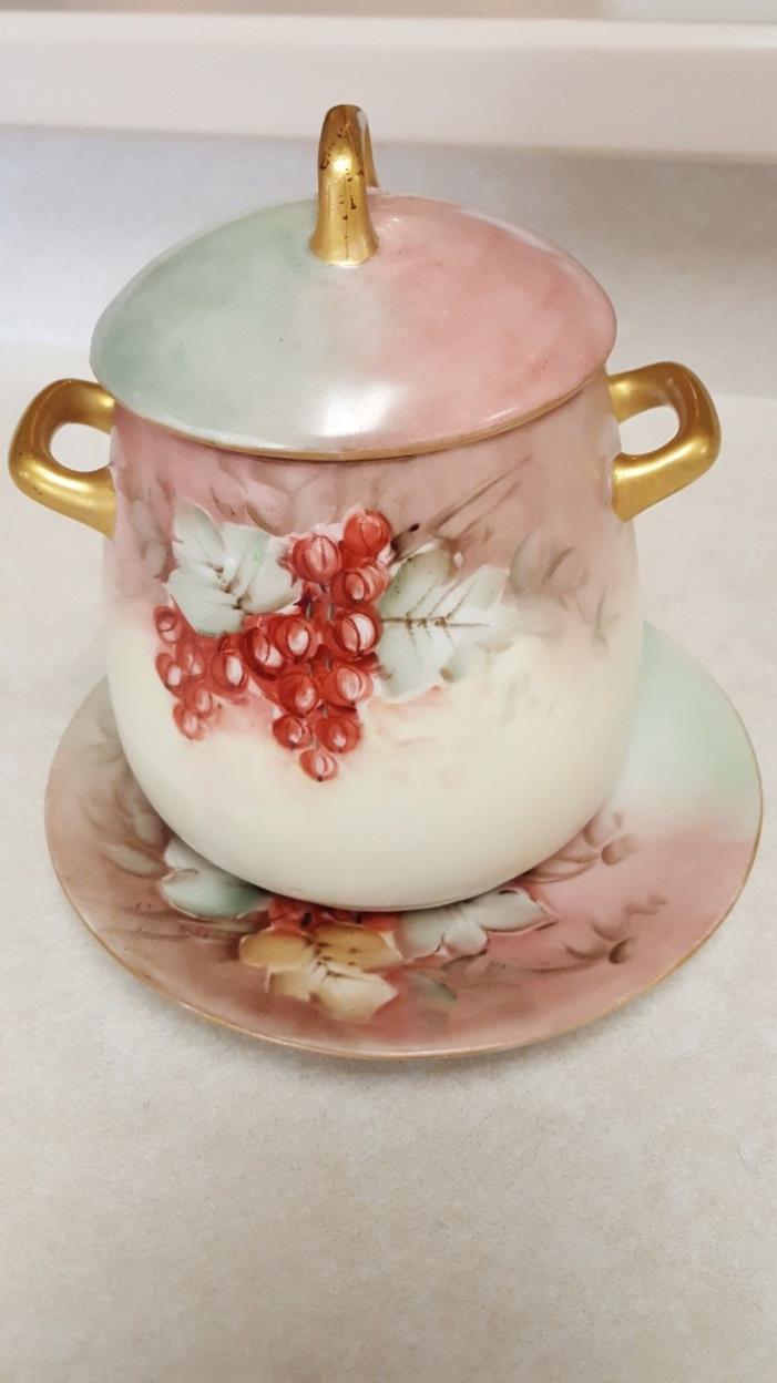 Antique Bavaria Dusty Rose/Green Porcelain Sugar Bowl w/Lid and Matching Plate
