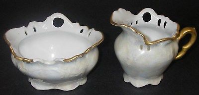 Antique Porcelain Sugar Bowl & Creamer Luster footed Gold Reticulated Embossed..