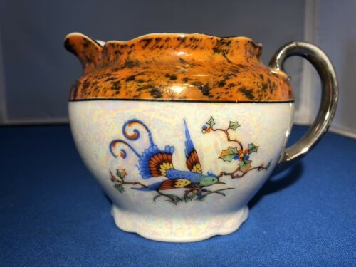 R M Bavaria Ornate Bird Design Painted Orange Vintage Creamer Translucent Blue