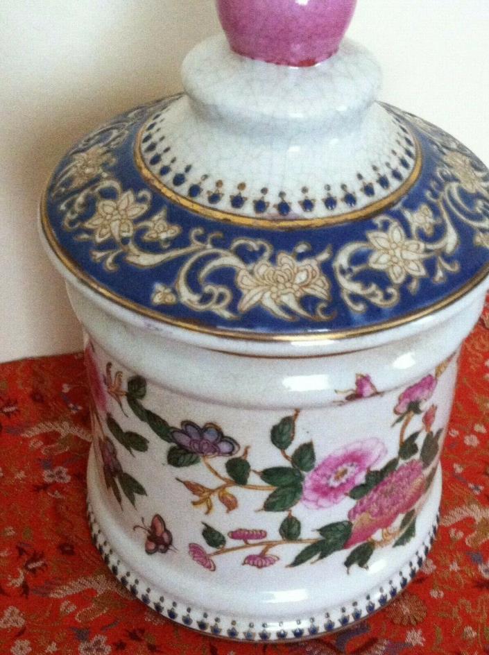 ANTIQUE CHINESE COVERED SUGAR BOWL LID-HAND PAINTED WITH  BEAUTIFUL FLOWERS