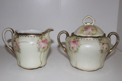 VINTAGE PM BAVARIA HAND PAINTED PORCELAIN CREAMER & SUGAR BOWL W/LID