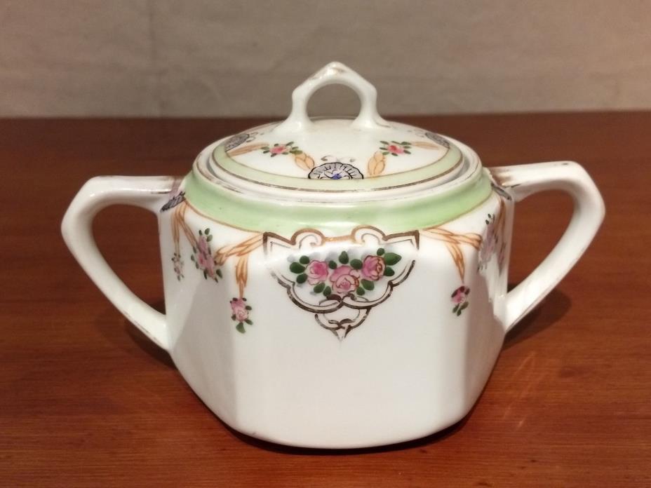 Hand Painted NIPPON 2 Handled Porcelain PINK ROSES Drapery Covered SUGAR BOWL