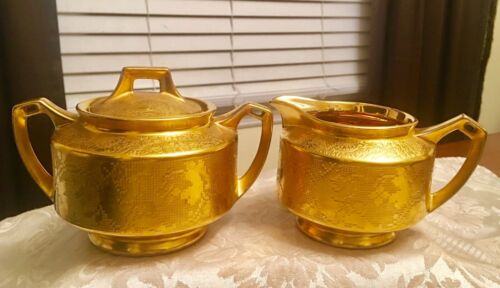 Arzberg Bavaria & D&B Germany Gold Plated Creamer & Sugar Bowl Patterned design
