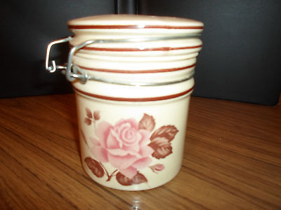 Cream Colored With Rose -  Stoneware  Crock - Canister w/ Lid & Seal & Wire Bail
