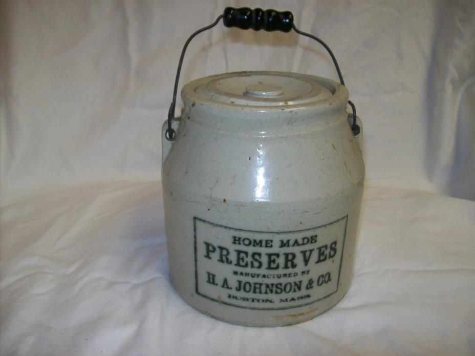 Stoneware Crock Pottery Home Made Brand Preserves By H. A. Johnson Co. Boston