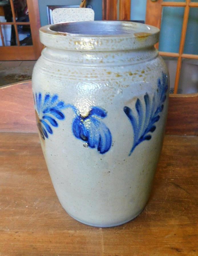 Antique c 1850 PA/NE Salt Glazed Stoneware Cobalt Flower Jar Crock EXC