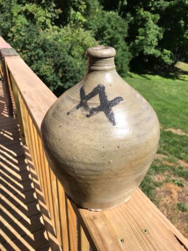 MASONIC DECORATED 18TH EARLY19TH CENTURY STONEWARE OVOID JUG. NYC or CHEESEQUAKE