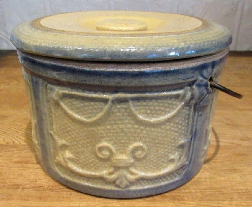 Antique Stoneware Slate Blue and Tan Draped Windows Pastry Crock With Lid