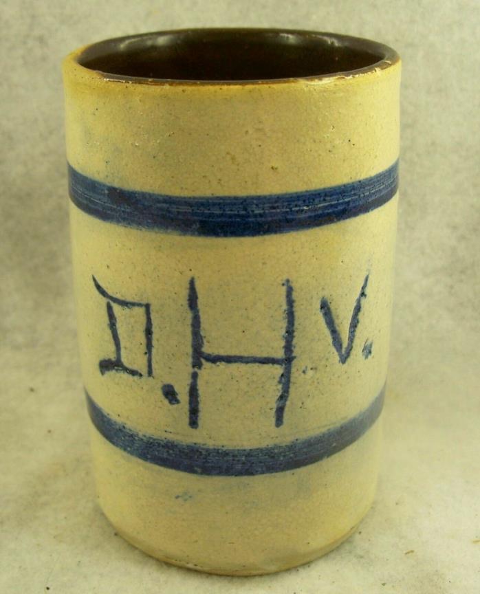 ANTIQUE 19th Century AMERICAN Blue decorated STONEWARE MUG with Incised Initials