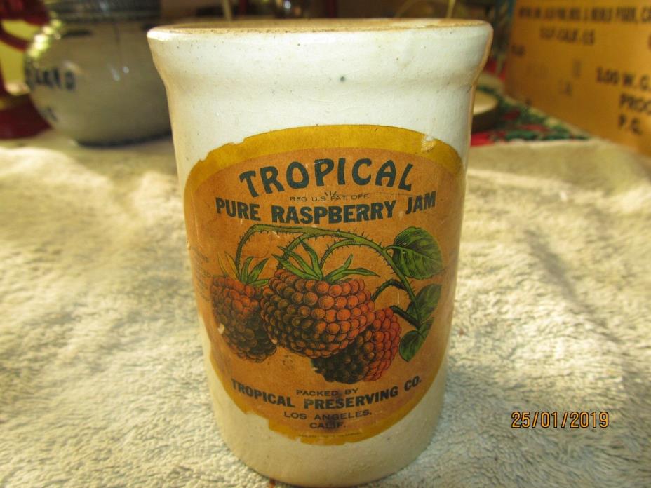 Vintage  Tropical Pure Raspberry Jam Crock 4 7/8  inches