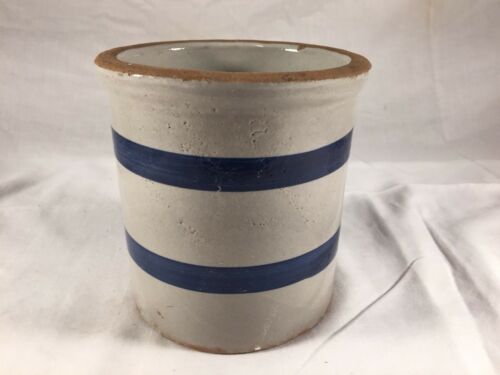 Primitive Salt Glazed Ceramic Crock Antique Vintage Striped Blue Crock