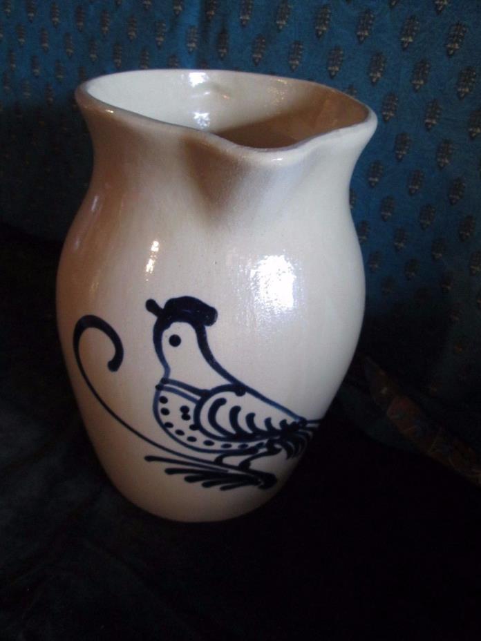 VINTAGE STONEWARE WATER PITCHER WITH COBALT BIRD