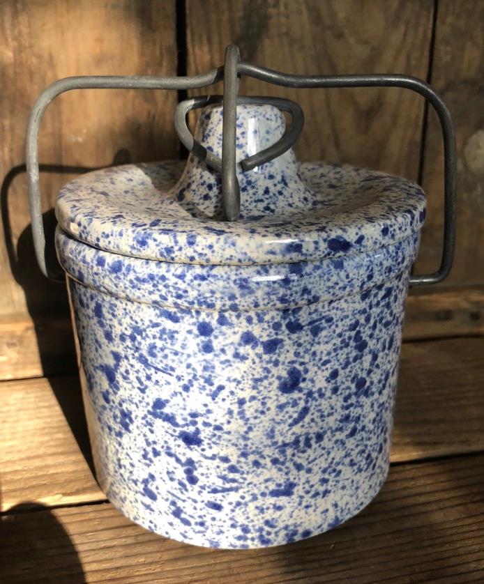 Vintage White Blue Speckled Stoneware Cheese Butter Crock