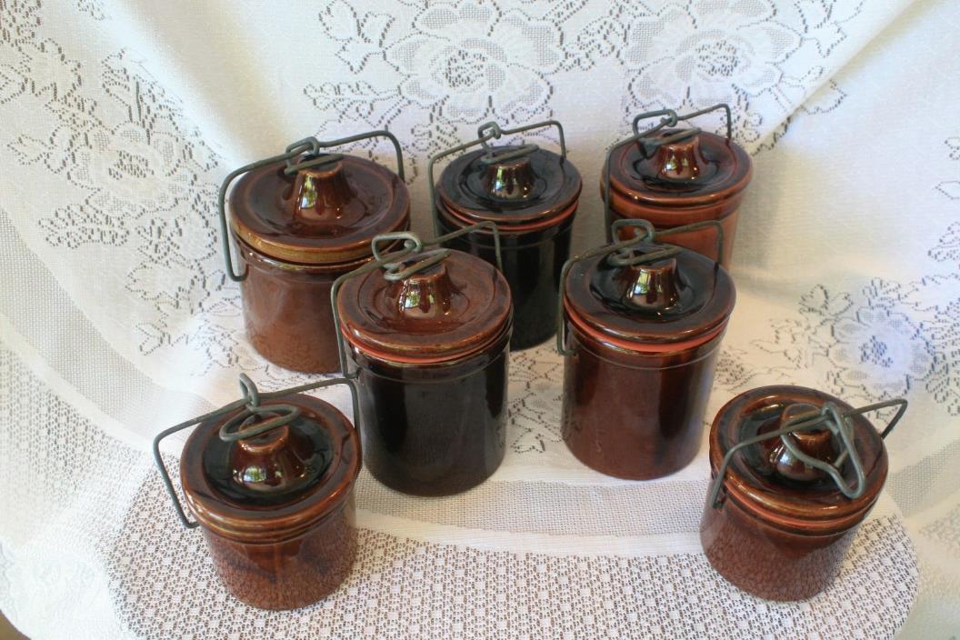 Lot of 7 Vintage Cheese/ Butter Glazed Stoneware Brown Crocks