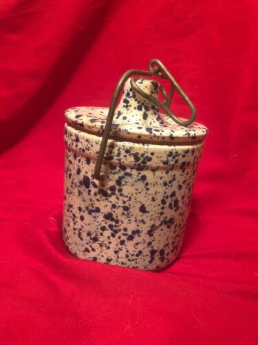 Vintage Blue & White Speckled Spongeware Stoneware Cheese, Butter Crock & Clamp