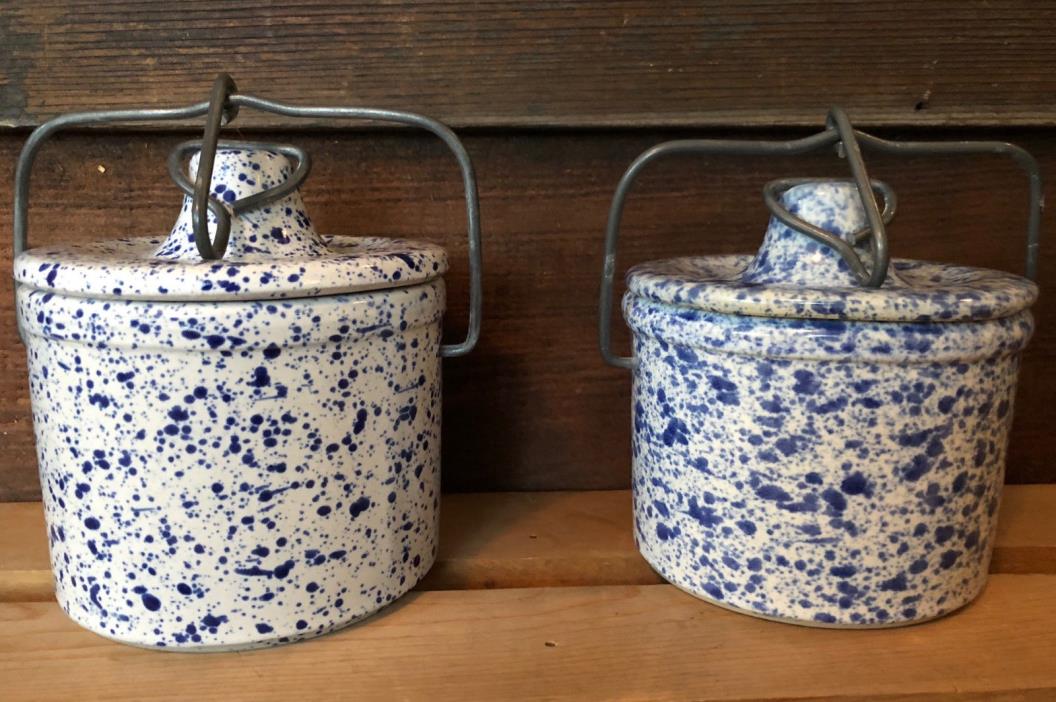 Lot of 2 Vintage White & Blue Speckled Spongeware Stoneware Cheese Butter Crocks