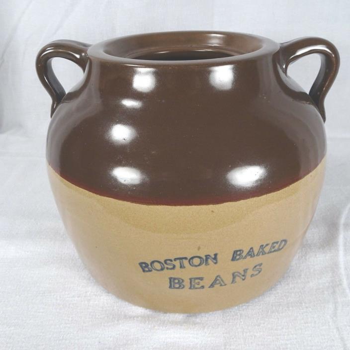 Antique Boston Baked Beans Pot Crock Blue Lettering No Lid Double Handle