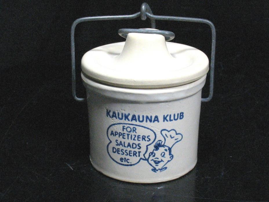 Vintage Kaukauna Klub Crock Jar Chef Wire Bail Top Advertising Pottery Jam Pot