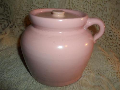 Vntg~Antq Salmon Pink Glazed Yellow Ware Side Handled Baked Bean Pot Crock Jug