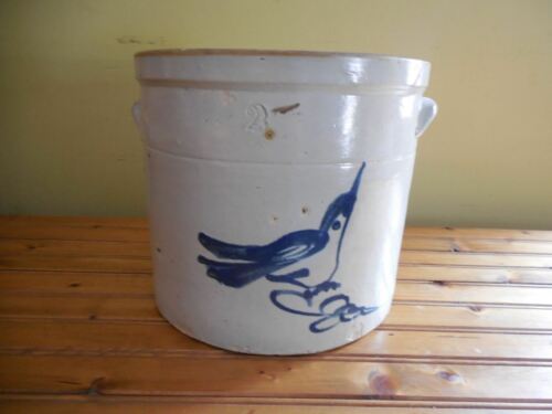 2-Gallon Antique Stoneware Pottery Crock with Cobalt Blue Bird Decoration