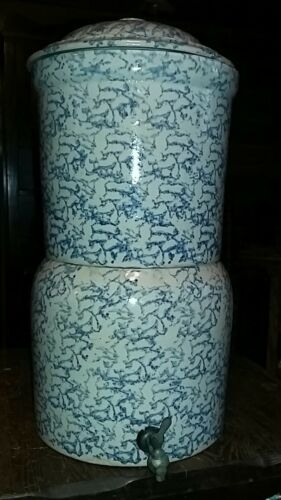 Vintage Stoneware Blue Spongeware Water Cooler Dispenser W/ Lid