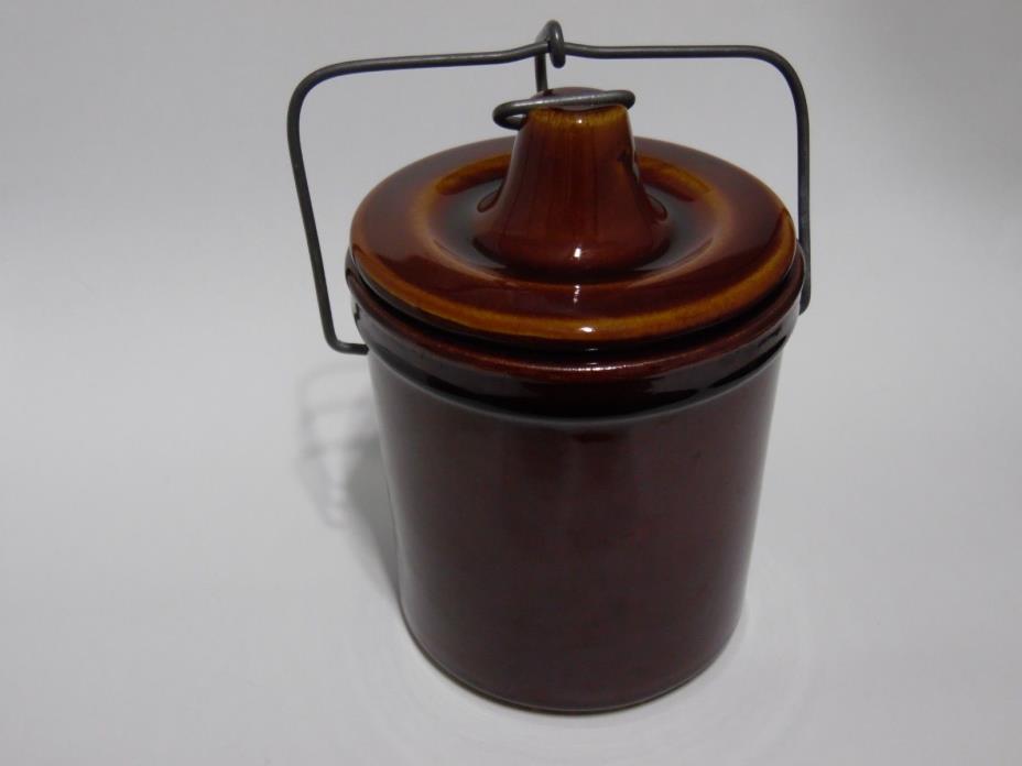 Vintage Brown Cheese Crock With Lid Wire Bale Closure Storage Container Rustic