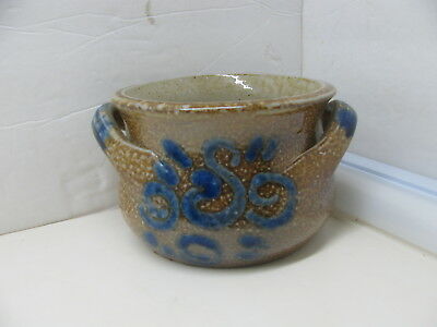 Vntage Stoneware Pottery Brown Salt Glaze with Cobalt Crock with Handles