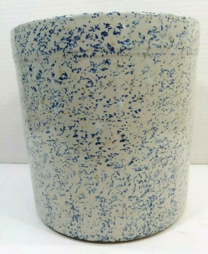 Vtg Farm Estate Stoneware Pottery Blue Spongeware Pickle Crock Jar Utensil 3 Qts