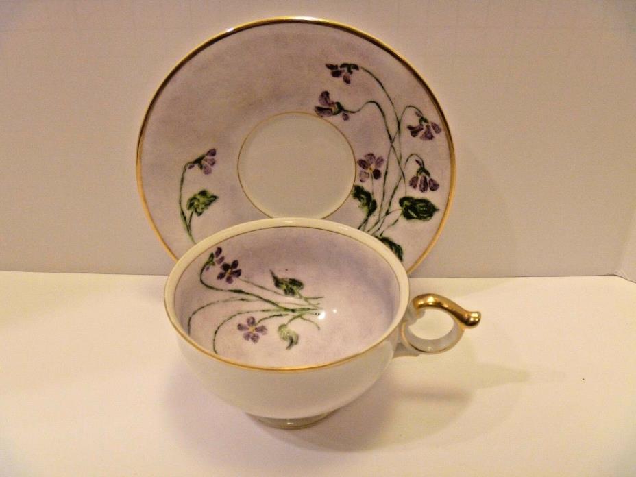 Ucagco China Cup Saucer Handpainted Purple Flowers Gold Trimmed Japan