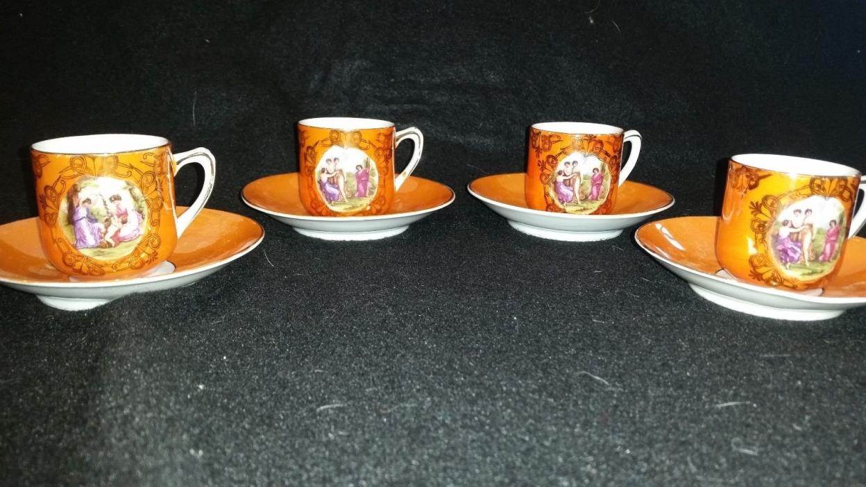 GERMAN DEMITASSE CUP & SAUCER DECORATED & GOLD GILT SET OF FIVE